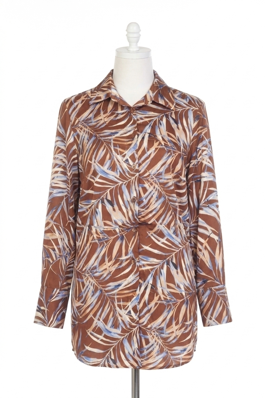 NEW JOSEPH RIBKOFF leaf print elastic waist long sleeve button-down blouse
